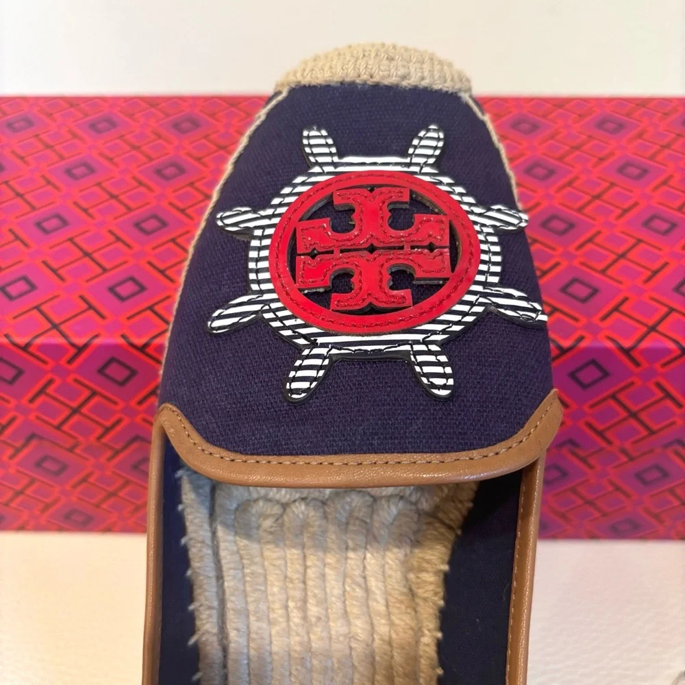 Tory Burch Women’s Maritime Flat Espadrille Size 8 Navy Canvas Nautical Anchor
